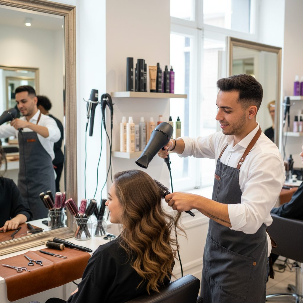 Coiffeur réalisant un brushing ondulé
